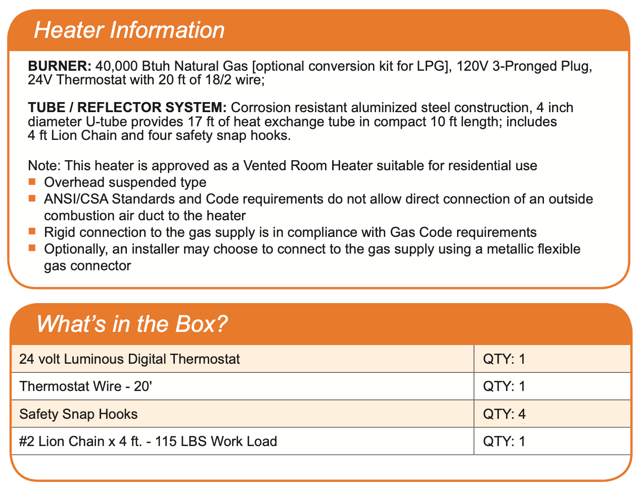 PU-0040-CN/AN - 10' Compact P40 U-Tube Heater, 40k btu, NG