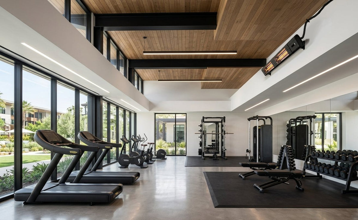mWAVE electric infrared heater mounted in an indoor gym and fitness space
