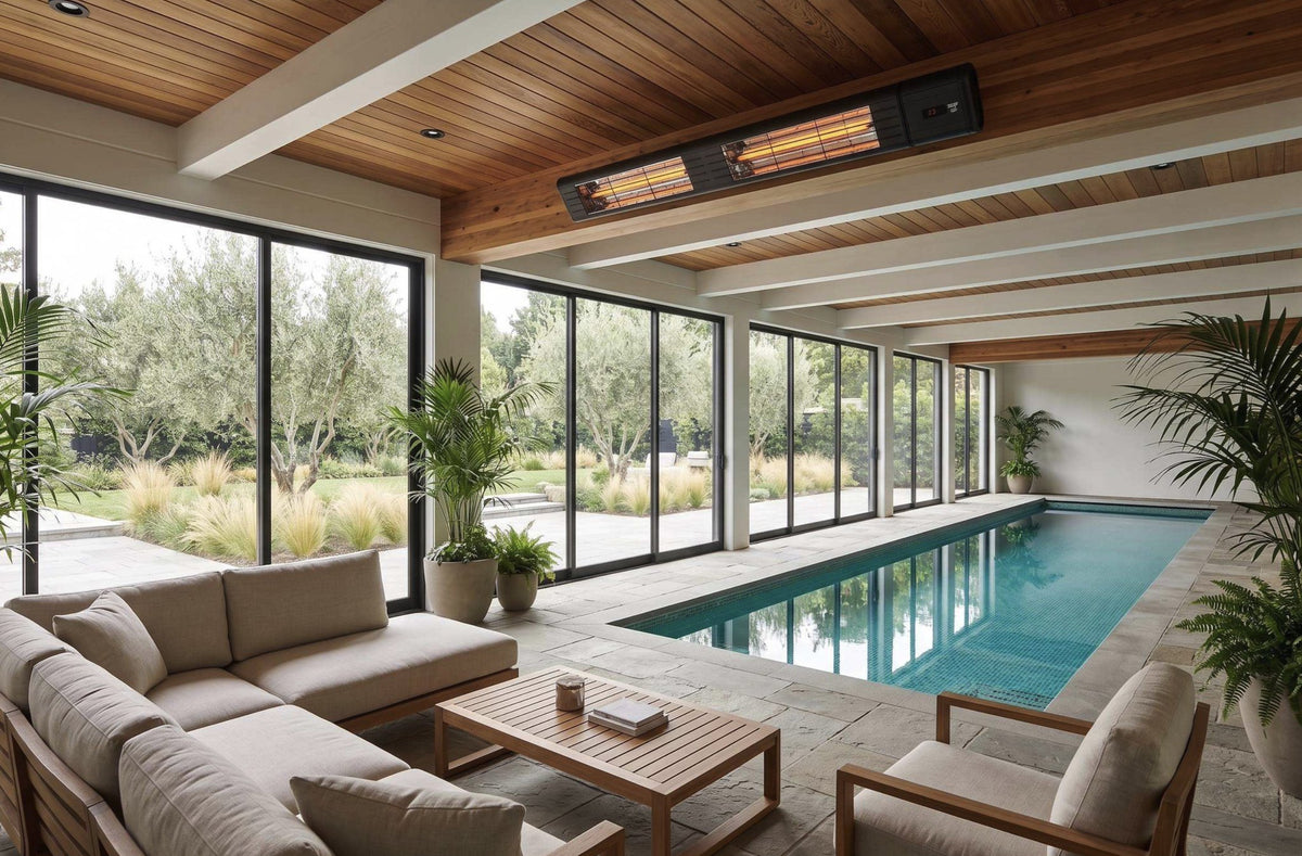 mWAVE electric infrared heater mounted in an indoor pool pavilion with timber ceiling