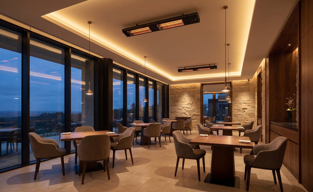mWAVE electric infrared heater above an outdoor dining table setting