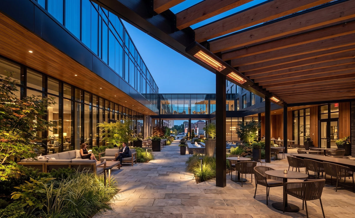 mWAVE electric patio heaters in a hotel courtyard seating area