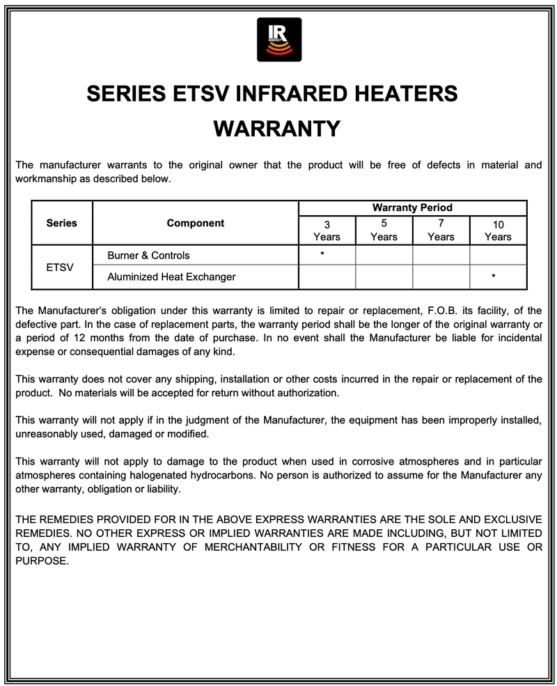 ETSV80 - 22' evenTUBE (Vented), by IR Energy, Slimline Series, Overhead Indoor/Outdoor Heater, 80,000 btu