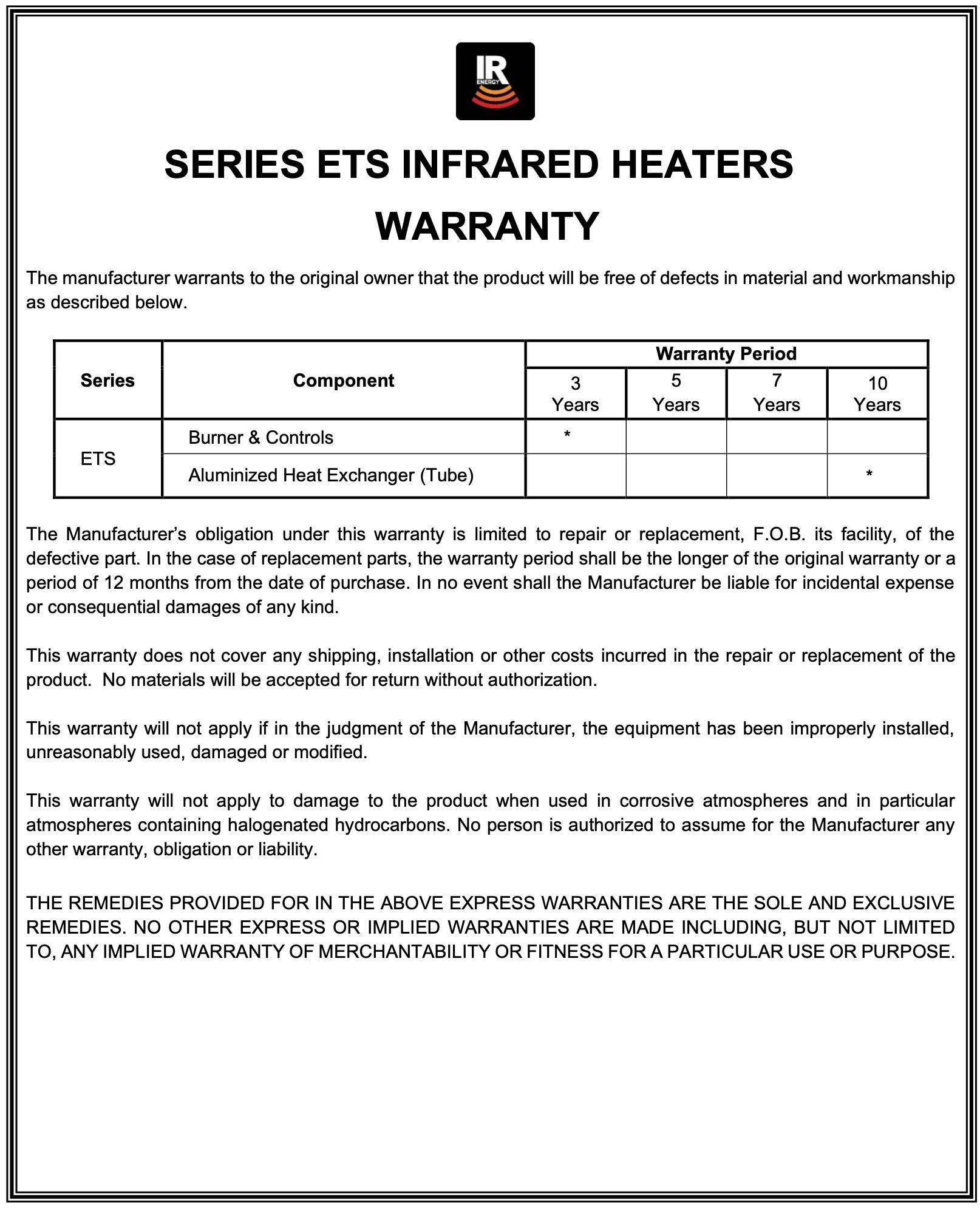 ETS100 - 17' evenTUBE Slimline, by IR Energy, Overhead Outdoor Heater, 100,000 btu, NG or LPG