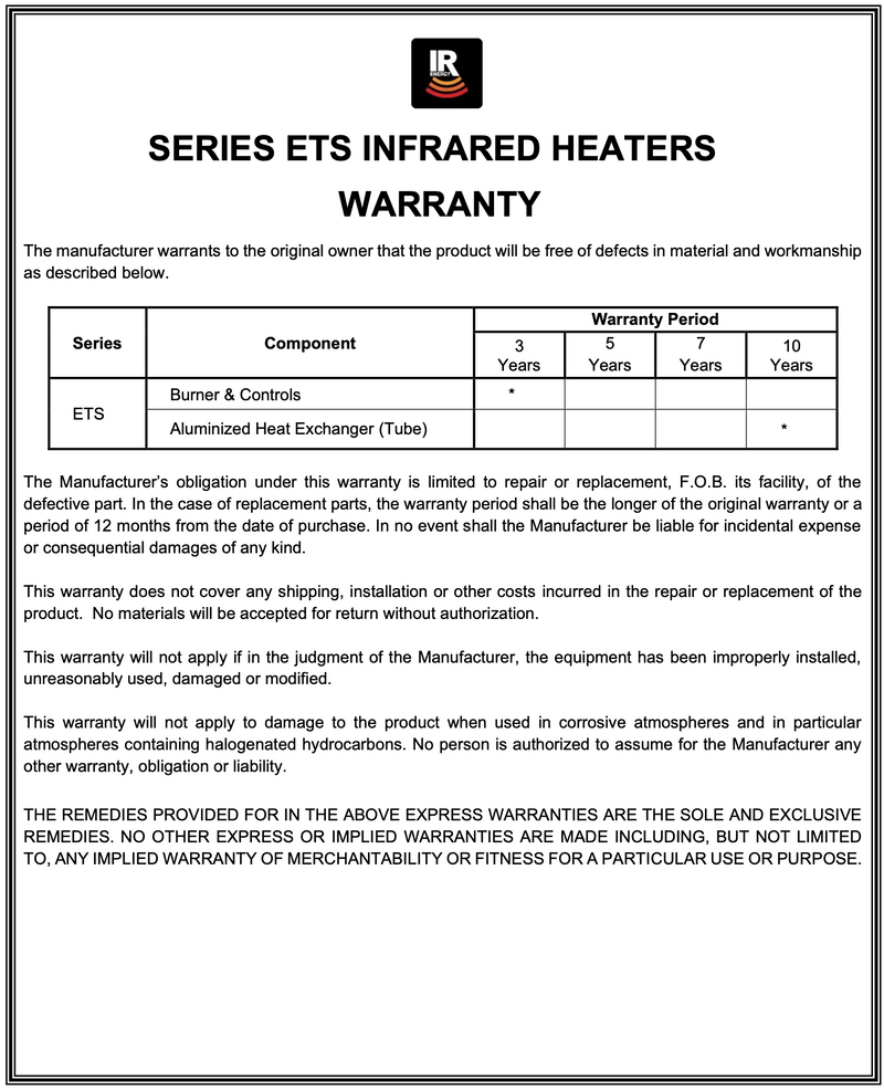 ETS40 - 9' evenTUBE Slimline, by IR Energy, Overhead Outdoor Heater, 38,500 btu, NG or LPG