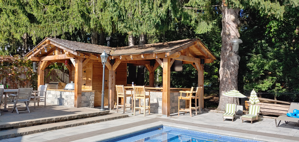 Dave's Backyard Reno: Pool Restoration & Timber Frame Cabana Bar with Outdoor Kitchen, and Luxury Patio Heaters by IR Energy evenGLO