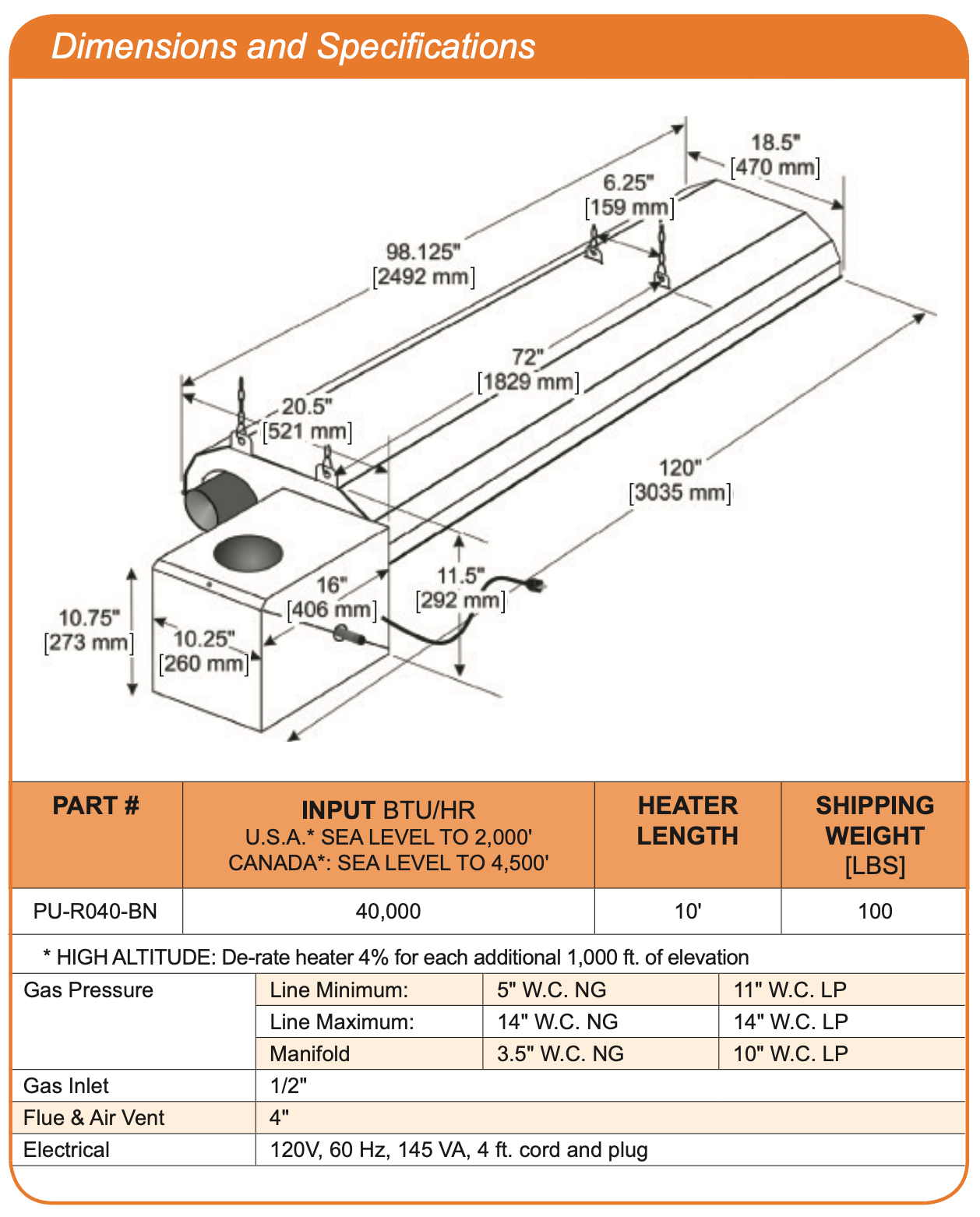 PU-0040-CN/AN - 10' Compact P40 U-Tube Heater, 40k btu, NG