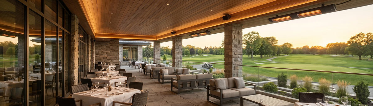 mWAVE electric infrared heaters in a golf clubhouse lounge overlooking the course