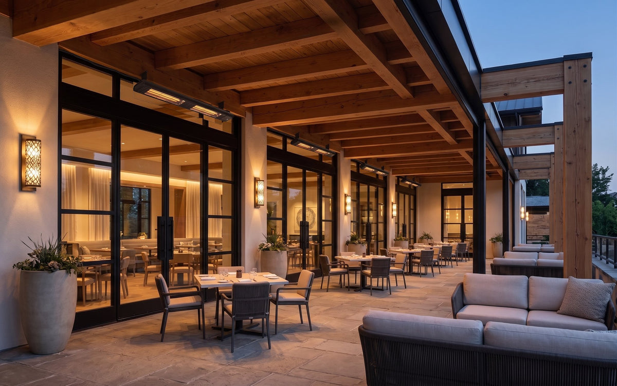 mWAVE electric patio heaters mounted on a covered restaurant patio at dusk