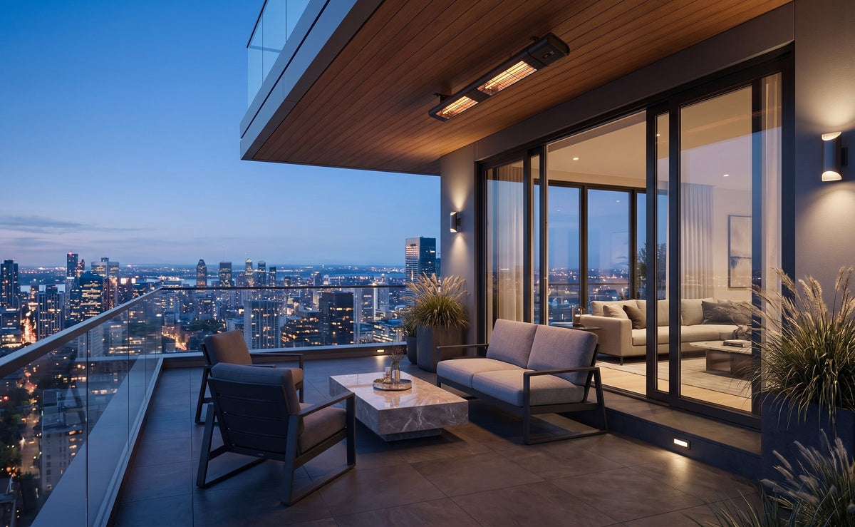 mWAVE electric patio heater on a luxury condominium balcony