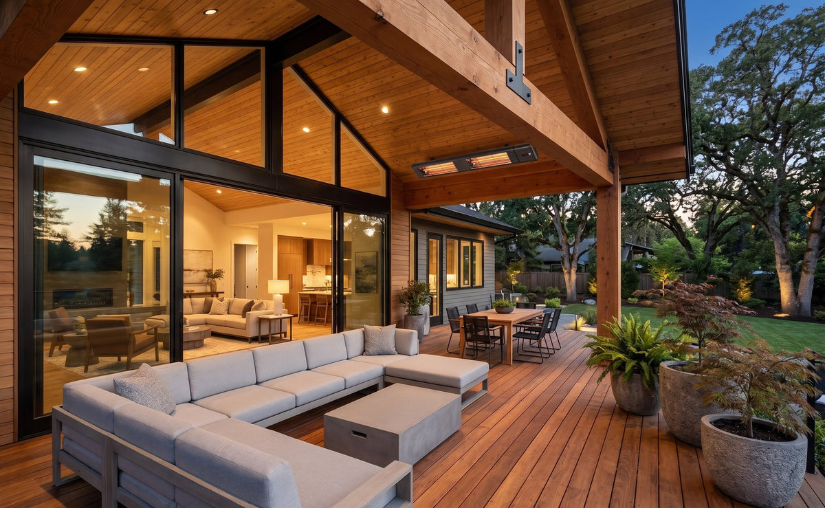 mWAVE electric patio heater over a residential backyard patio seating area