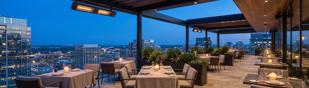 mWAVE electric infrared heaters on a rooftop restaurant and cocktail bar terrace