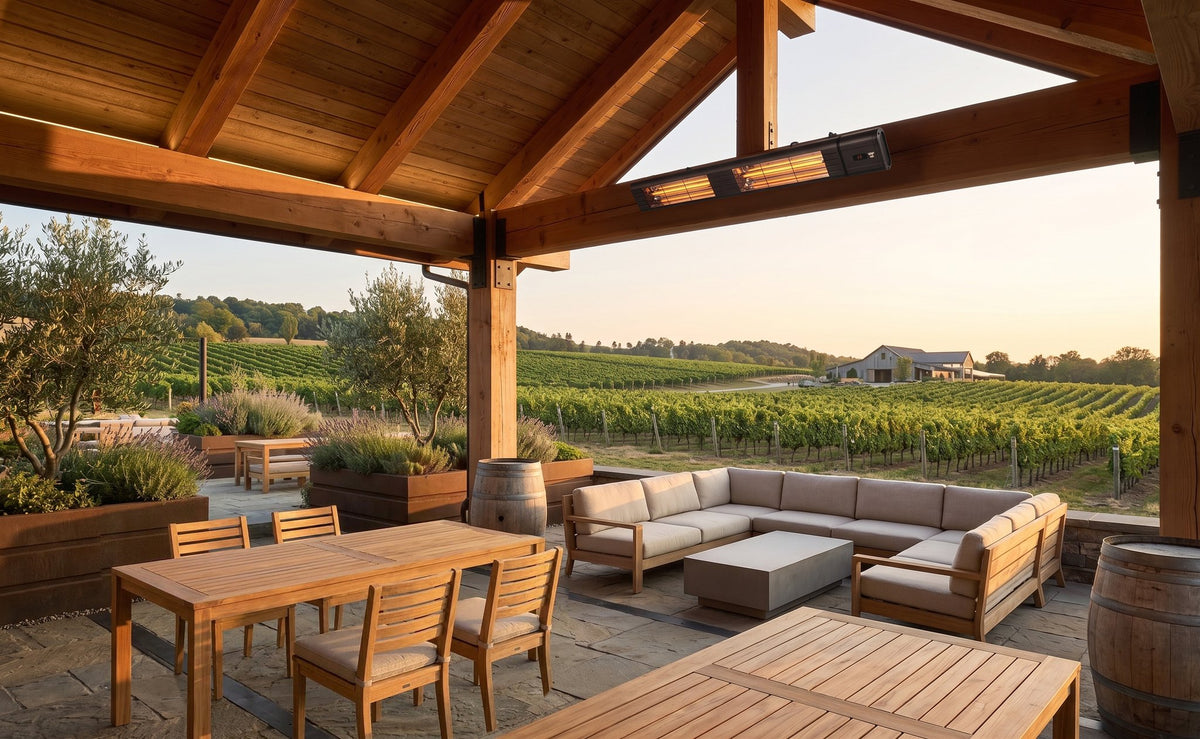 mWAVE electric infrared patio heaters over a winery patio dining terrace