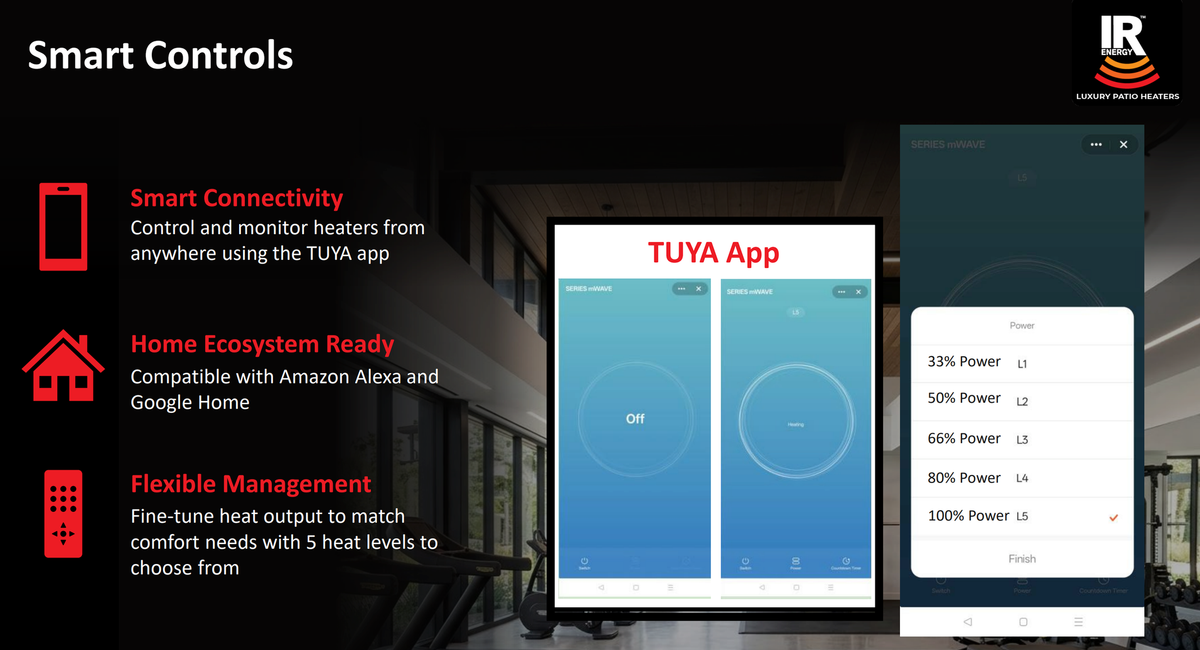 mWAVE smart controls - Tuya app, Amazon Alexa and Google Home compatibility, five heat levels